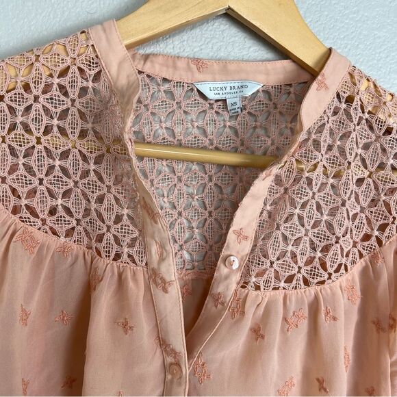 Lucky Brand-XS-Pink/Peach-Button Down Blouse-Embroidered/Crochet - Picture 3 of 6